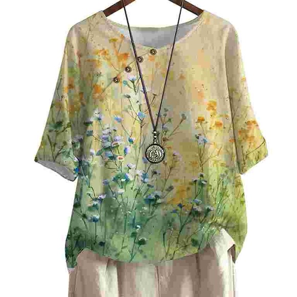 Artistic Floral Short Sleeve Top Blouse Size XL - Picture 1 of 12